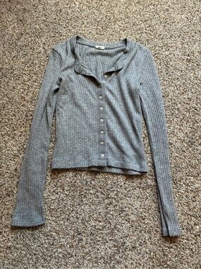 Aire- Women’s Ribbed Button-Front Long Sleeve Top - Gray